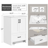 Yaheetech 24.5" Modern Bathroom Vanity with Ceramic Basin, Undermount Bathroom Vanity Sink Cabinet with 2 Doors and 1 Drawer, Free Standing Bathroom Storage Cabinet with Sink Combo Set, White Yaheetech