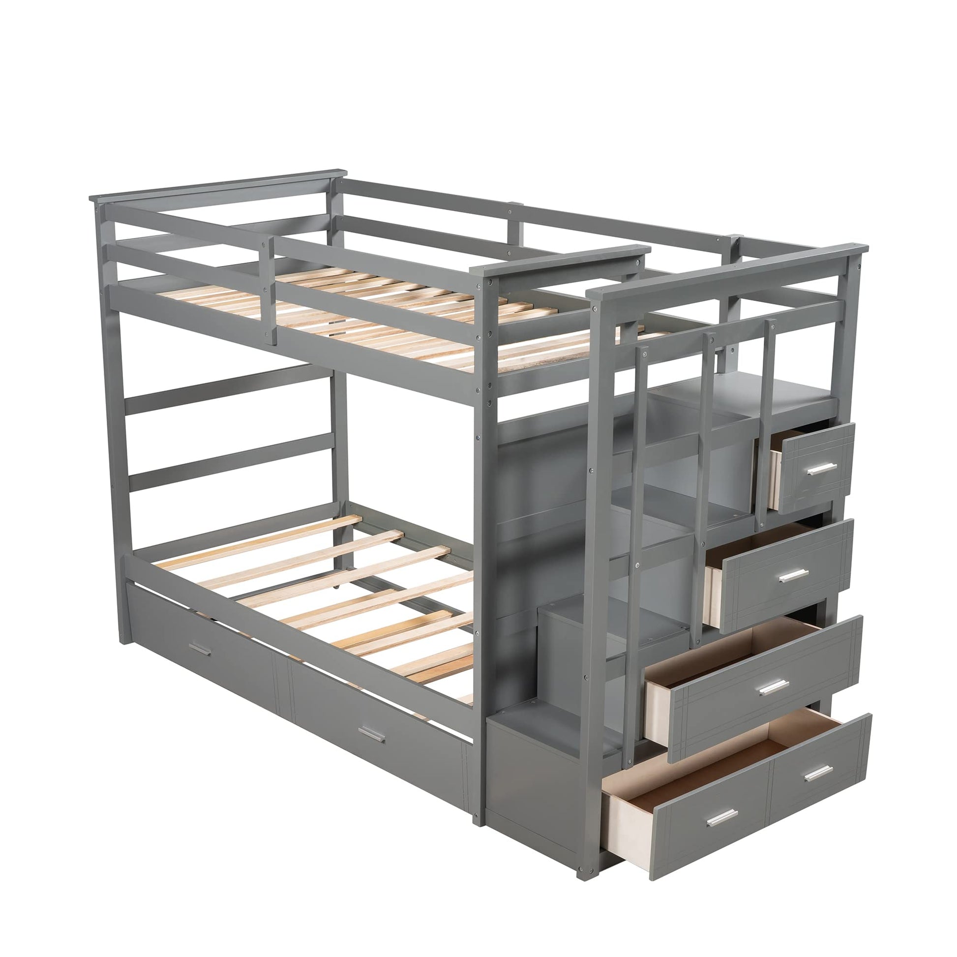 Bellemave Grey Twin Over Twin Bunk Bed with Trundle, 4 Storage Drawers, Staircase & Safety Guard Rails - WoodArtSupply