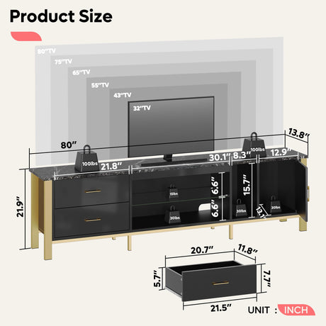 Bestier TV Stand for 75/80/85/90 Inch TV, LED Gaming Entertainment Center, Modern TV Cabinet with Glass Shelves for Living Room, 2 Storage Drawers & Cabinets for Bedroom, Black Glossy Bestier