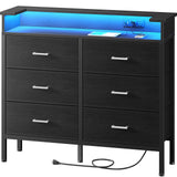 BOLUO Black Dresser with LED Light and Charging Station for Bedroom 6 Drawer Dresser with USB Outlet, Fabric Dressers & Chests of Drawers Modern BOLUO