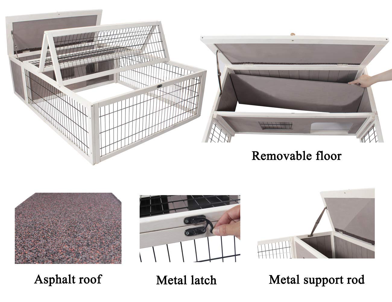 Tortoise House Habitat Wooden, Chicken Coop with Run Rabbit Hutch Small Animal Hutch Enclosure Indoor/Outdoor-Grey + White Trim