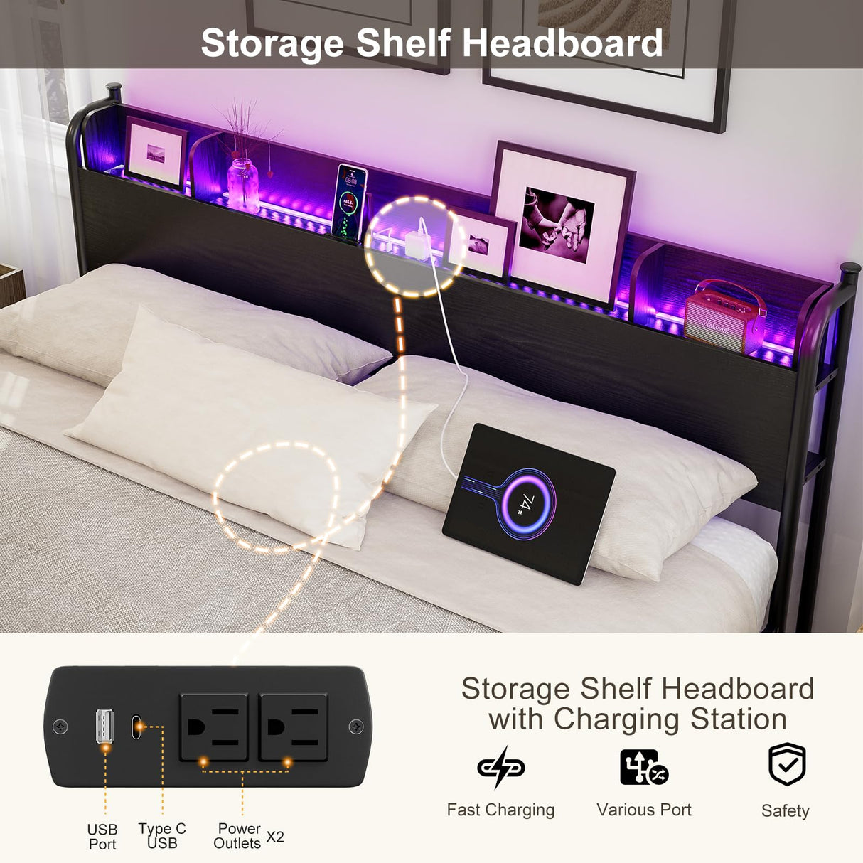 AOVSA Black California King Bed Frame with LED Storage Headboard and Charging Station AOVSA