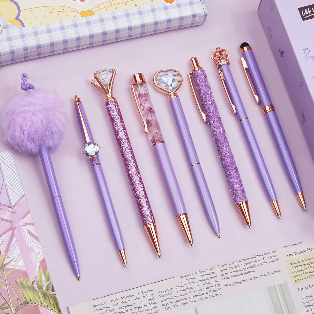 WEMATE 8Pcs Ballpoint Pens Set Metal Crystal Diamond Pen Glitter Pen for Journaling Purple Pens Bling in Black & Blue Ink Pretty Cute Pens Fancy Pens Gifts for Women Wedding School Office Desk(Purple) WEMATE
