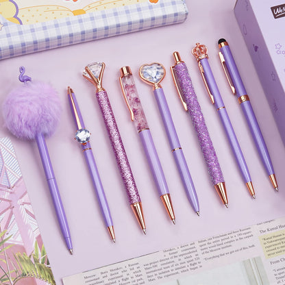 WEMATE 8Pcs Ballpoint Pens Set Metal Crystal Diamond Pen Glitter Pen for Journaling Purple Pens Bling in Black & Blue Ink Pretty Cute Pens Fancy Pens Gifts for Women Wedding School Office Desk(Purple)