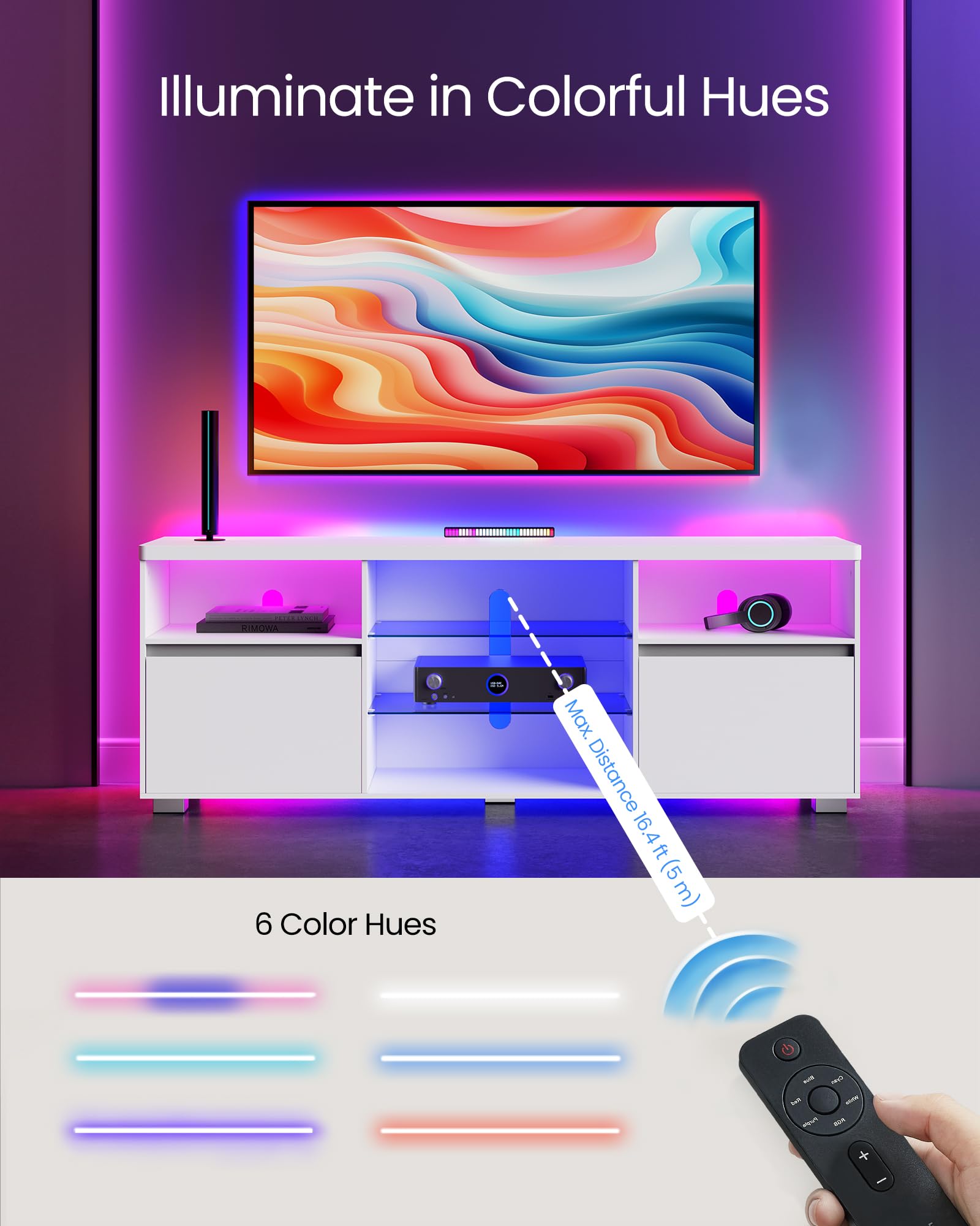 VASAGLE Stand with LED Lights 70 Inch, Entertainment Center with Open Glass Shelves, 2 Cabinets with Doors, 63 Long, TV Console for Bedroom Living Room, White ULTV330T10, 63 x 15.7 x 23.6 Inc - WoodArtSupply