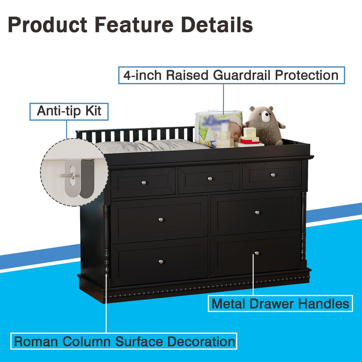 Timechee Baby Dresser with Changing Table Top, Black Dresser for Nursery with 7 Storage Drawers, Multi-Functional Baby Changing Table, Modern Diaper Nursery Dressers Station for Kids Bedroom Timechee