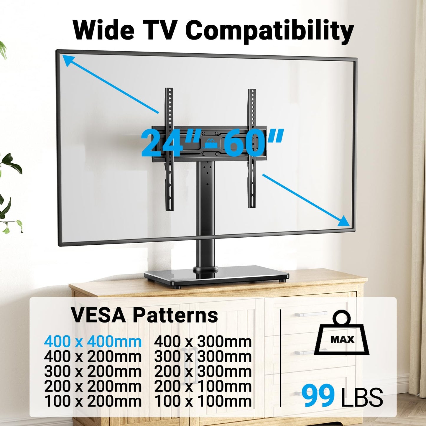 PERLESMITH Universal Swivel TV Stand for 24-60 inch TVs up to 99 lbs, 8 Height Adjustable Table Top TV Stand, TV Base Stand with Tempered Glass Base, Max VESA 400x400mm, PSTVS33