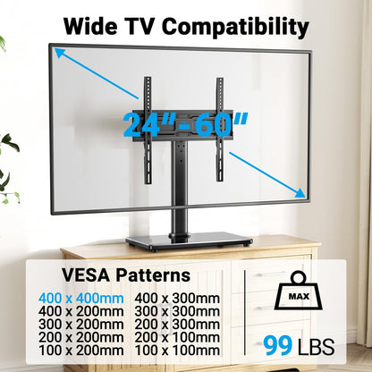 PERLESMITH Universal Swivel TV Stand for 24-60 inch TVs up to 99 lbs, 8 Height Adjustable Table Top TV Stand, TV Base Stand with Tempered Glass Base, Max VESA 400x400mm, PSTVS33