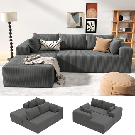 Mvpipi L-Shaped Boneless Couches for Living Room, Cloud Couch with Oversized Chaise, Modular Sectional Sofa w/Deep Seat, Corduroy Comfy Sofa, Couches for Bedroom & Apartment, No Assembly, Grey Mvpipi