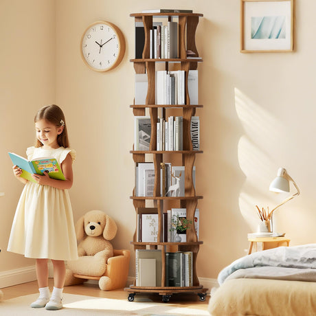 6 Tier Solid Wood Rotating Bookshelf with Wheels, Round Revolving Bookcase Organizer, 360° Spinning Storage Shelf for Corner, Small Narrow Spaces, Home, Office, BedRoom,Living Room,Study Room Drogenble