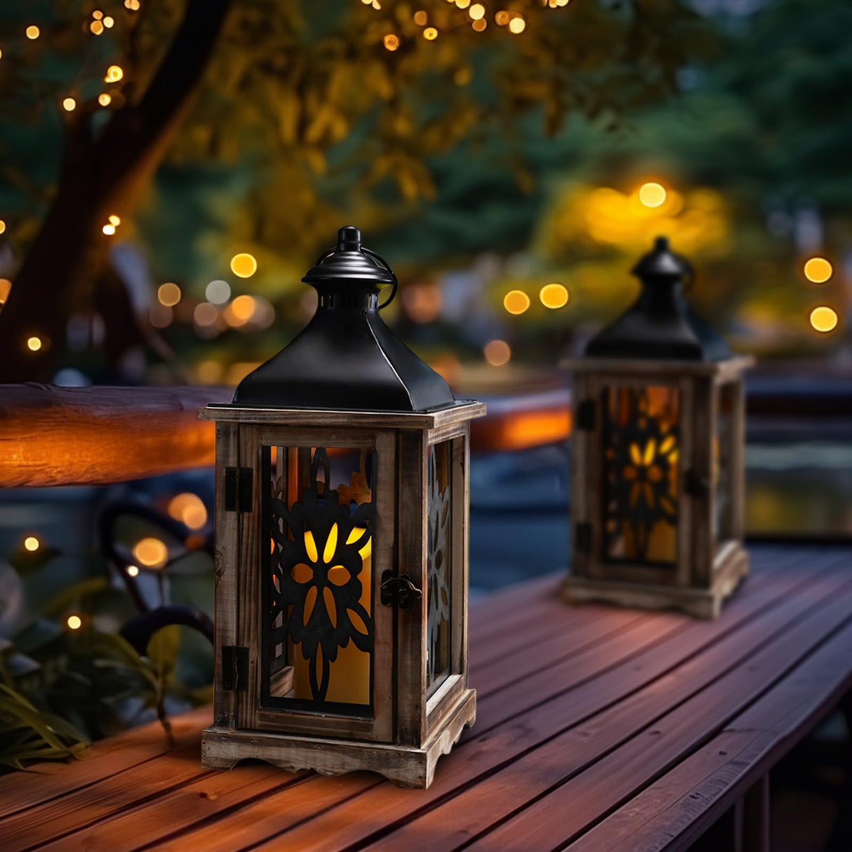 Homemory Rustic Christmas Farmhouse Lantern Decor, Wood & Metal 16'' Candle Lantern Hanging Candle Holders for Outdoor Indoor Home Living Room Patio Porch Table (Wood) Homemory