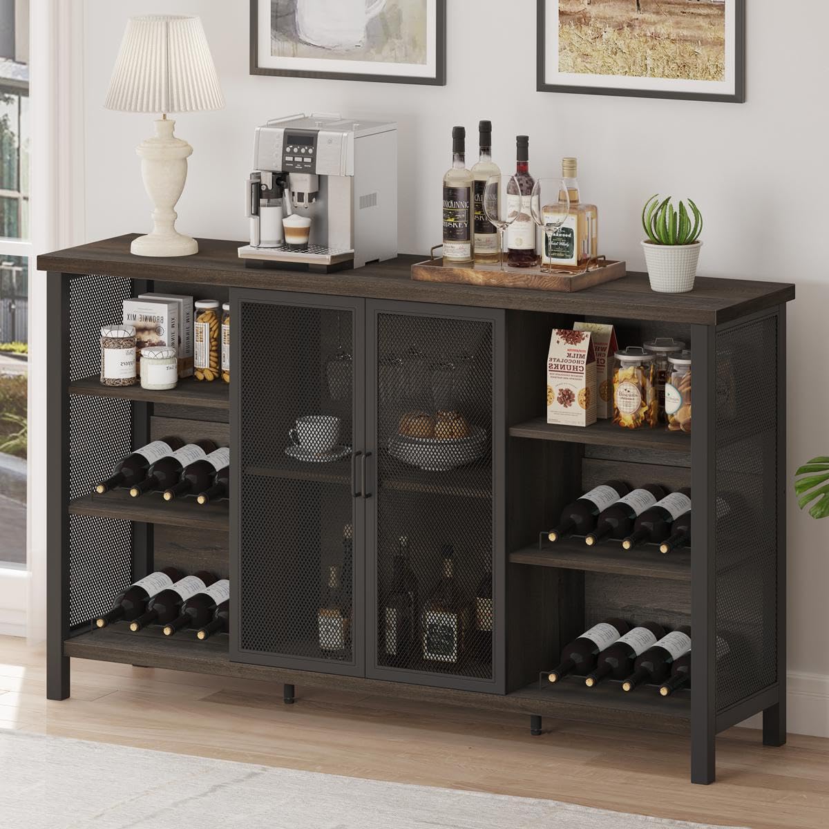 FATORRI Wine Bar Cabinet for Liquor and Glasses, Industrial Coffee Bar Cabinet, Farmhouse Sideboard and Buffet Cabinets with Storage, Wood and Metal Wine Rack (55 Inch, Walnut Brown) FATORRI