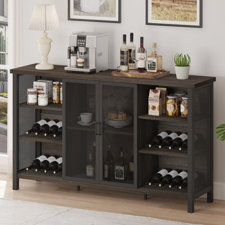 FATORRI Wine Bar Cabinet for Liquor and Glasses, Industrial Coffee Bar Cabinet, Farmhouse Sideboard and Buffet Cabinets with Storage, Wood and Metal Wine Rack (55 Inch, Walnut Brown) FATORRI
