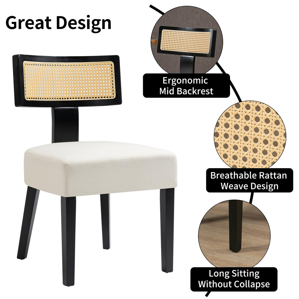 WQSLHX Linen Upholstered Farmhouse Dining Chairs Set of 4, Modern Rattan Dining Room Chairs with Wood Legs, Curved Backrest Kitchen Chairs Armless Accent Chairs for Living Room, Cream WQSLHX