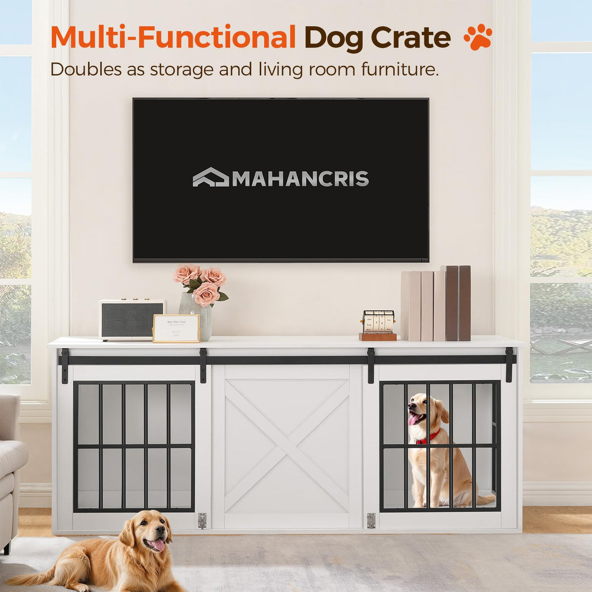MAHANCRIS Dog Crate Furniture for 2 Dogs, 63" Heavy Duty Dog Kennel with Sliding Barn Door, Wooden Double Dog Crate with Divider for Small Medium Dogs, Indoor Dog Cage TV Stand, White DCHW16001N1 MAHANCRIS