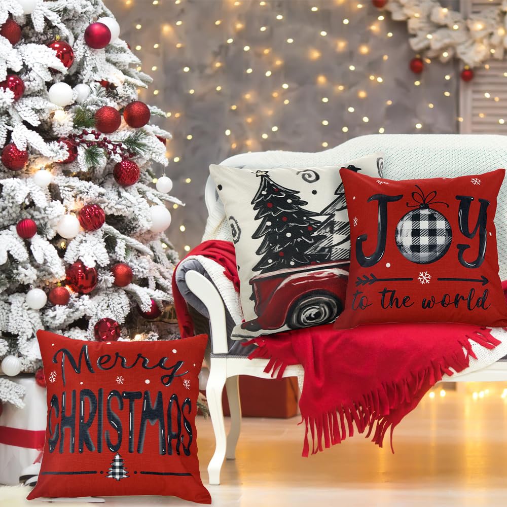 DIYDEC 4pcs Christmas Pillow Covers 18x18 Inch Red Pillow Covers Xmas Decorations Buffalo Tree Truck Merry Christmas Pillows Winter Holiday Farmhouse Seasonal Throw Case Decor for Sofa Couch DIYDEC