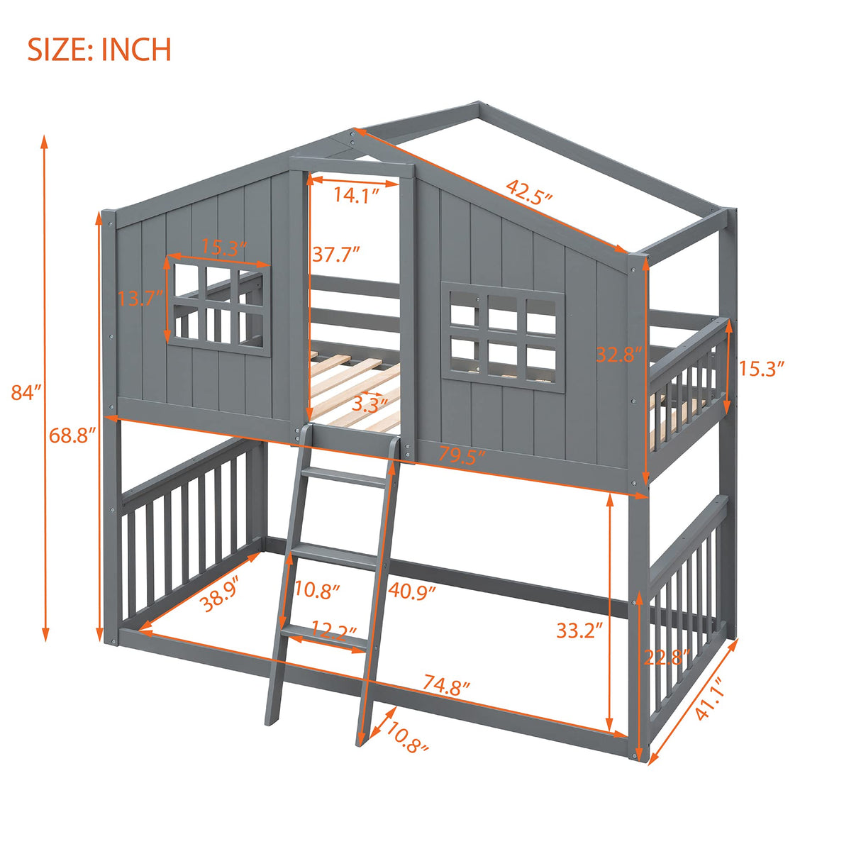 Harper & Bright Designs House Bunk Beds, Twin Over Twin Bunk Bed with Roof, Ladder and Windows, Floor Bunk Bed, Low Bunk Loft Bed for Kids Teens Boys & Girls, Gray Harper & Bright Designs