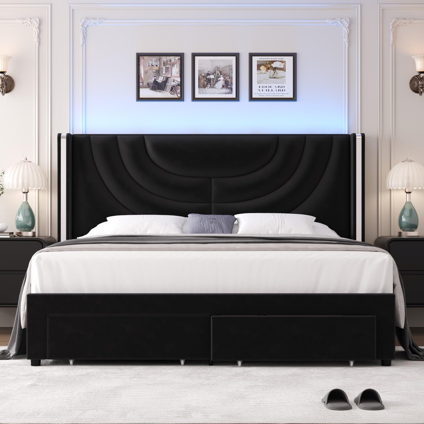 HITHOS Modern Velvet Upholstered LED Bed Frame with Storage Drawers and Wingback Headboard - WoodArtSupply