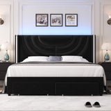 HITHOS Queen Upholstered LED Bed Frame with 2 Storage Drawers, Velvet Platform Bed with Wingback Headboard, Solid Wooden Slats Support, No Box Spring Needed, Headboard Splicing Design, Black HITHOS