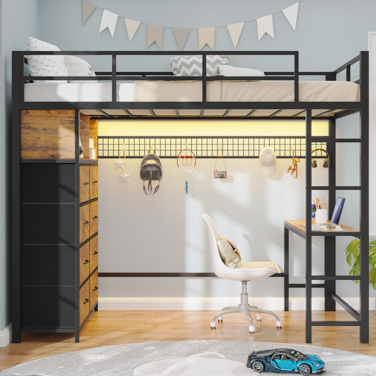 BTHFST Twin Loft Bed with Desk & 8 Drawers Tall Dresser, Metal Loft Bed with LED Lights & Charging Station, 2-Tier Storage Shelves, Stable & Sturdy, Noise Free, Rustic Brown and Black BTHFST