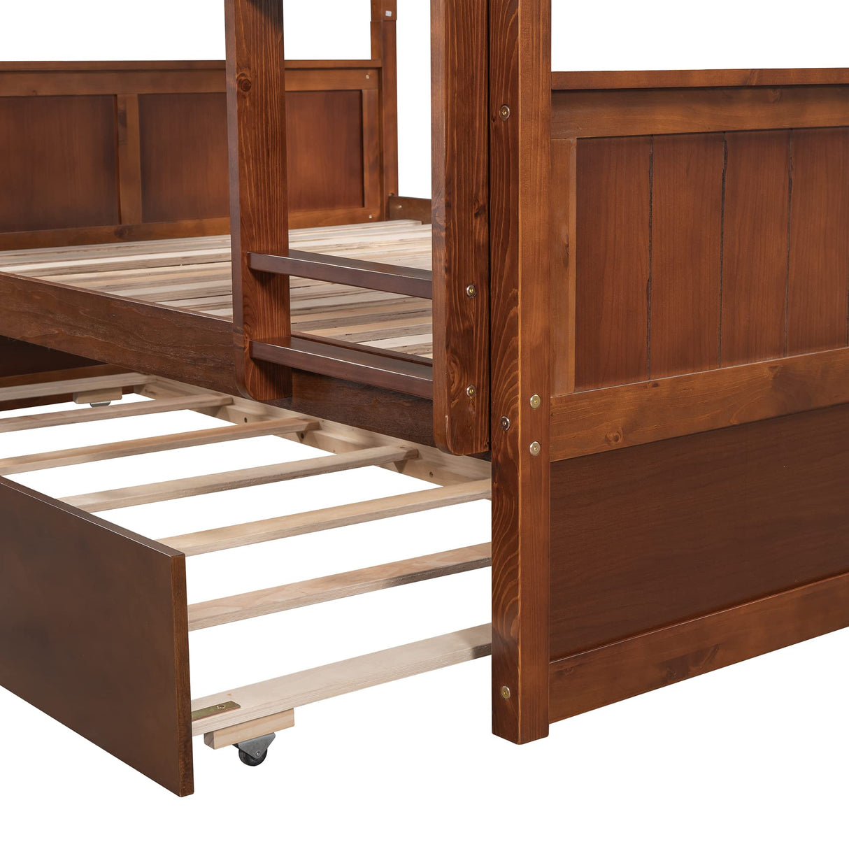 Merax Full Over Full Bunk Bed with Trundle,Wooden Trundle Bed Frame with Ladder Safety Guardrail,Convertible to 2 Platform Beds for Kids Teens,Walnut Merax