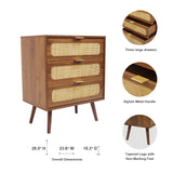 RARZOE Rattan Nightstand Dresser Chest of 3 Drawers, Wood Storage Dresser Cabinet Organizer Unit for Bedroom Living Room Closet Office(Walnut) RARZOE
