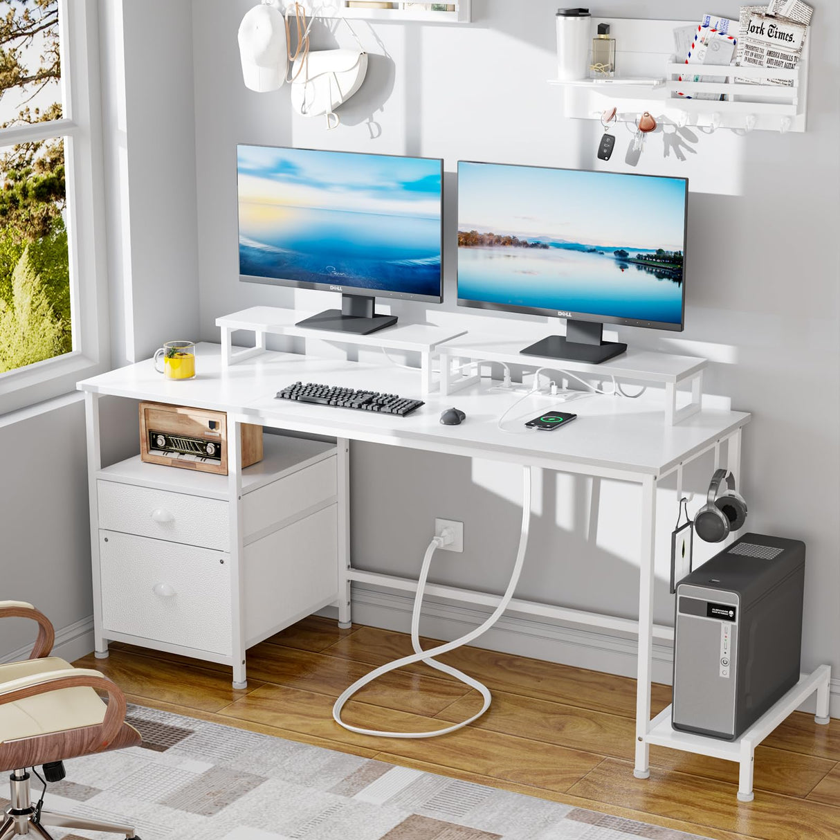 Furologee White Computer Desk with Drawer and Power Outlets, 55" Large Gaming Desk with Fabric File Cabinet and 2 Movable Monitor Shelves, Writing Table with CPU Stand and 2 Hooks for Home Office Furologee