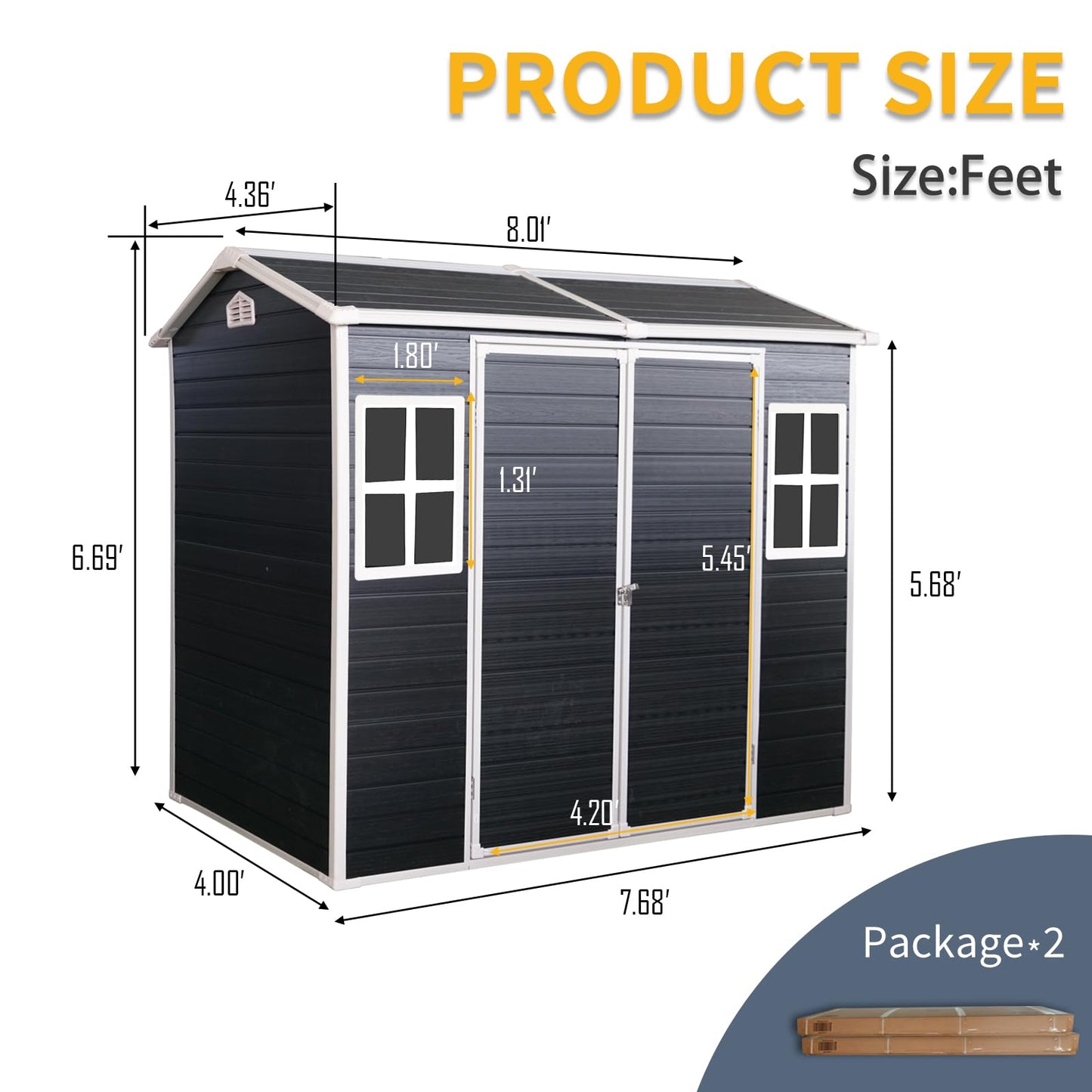 8 x 4 FT Outdoor Storage Shed, Outdoor Resin Shed with Two-Window and Double-Door, Plastic Shed with Floor for Gargen, Patio, Yard, Lawn (Black)