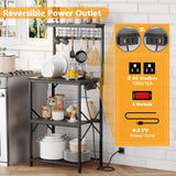 Furologee 4-Tier Kitchen Bakers Rack with Power Outlet & Storage – Black Oak Microwave Stand with S Hooks Furologee