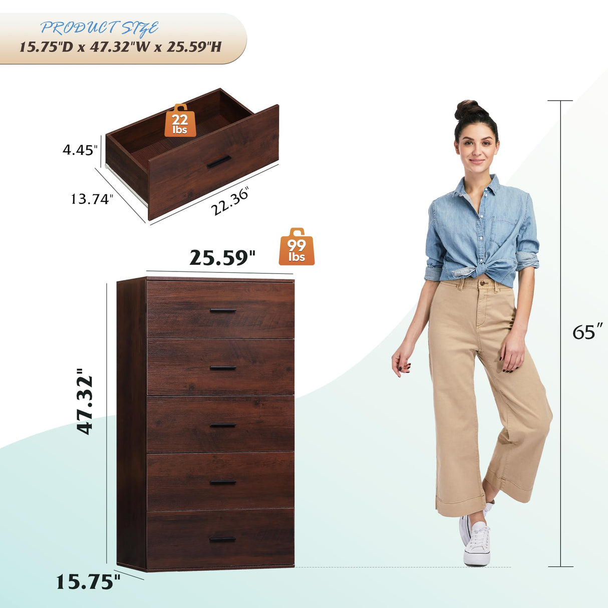 WLIVE Tall Dresser for Bedroom, Wood Chest of Drawers with Mental Handles, Brown Bedroom Dresser with 5 Drawers, Modern Minimalist Closet Store Organizer for Living Room, Hallway WLIVE