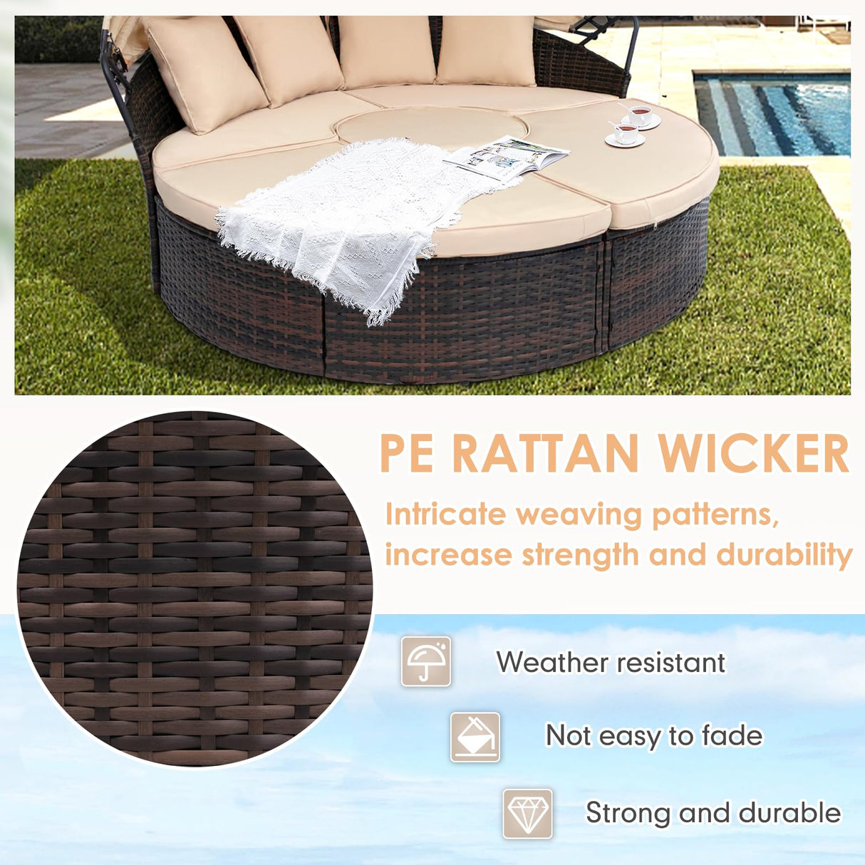 SUNCROWN Outdoor Patio Round Daybed with Retractable Canopy, Brown Wicker Furniture Sectional Couch with Washable Cushions, Backyard, Porch SUNCROWN
