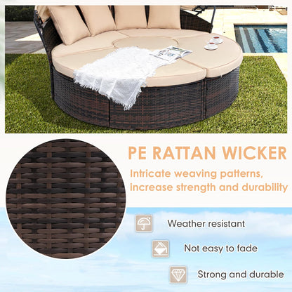 SUNCROWN Outdoor Patio Round Daybed with Retractable Canopy, Brown Wicker Furniture Sectional Couch with Washable Cushions, Backyard, Porch - WoodArtSupply