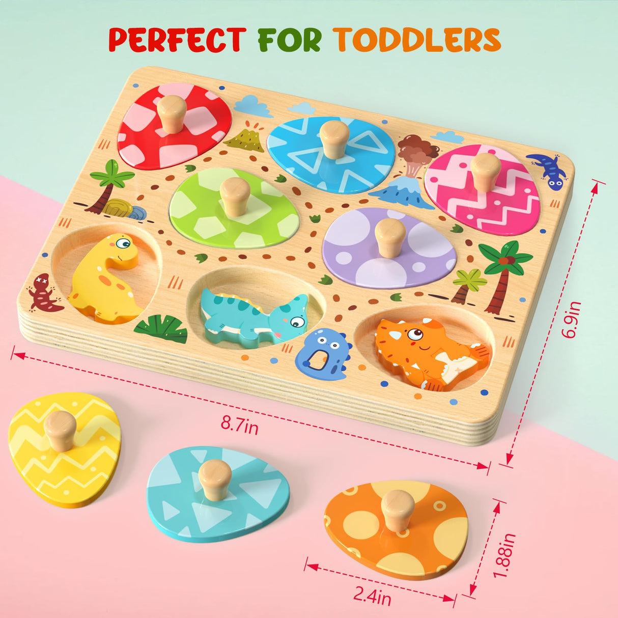 Zeoddler Wooden Puzzles for Toddlers, 8 Pcs Dinosaur Matching Egg Puzzle, Montessori Toys for Boy Girl Easter Birthday Gifts, Preschool Learning Activities & Educational Toys for Boys, Girls Zeoddler