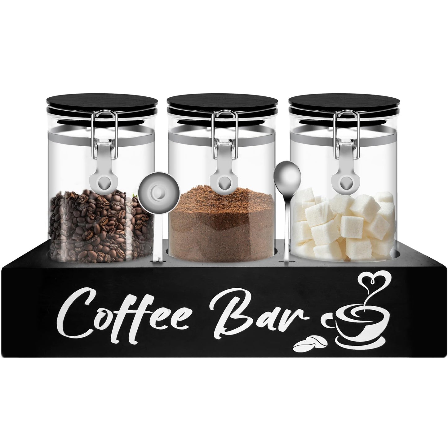 MACIFECI Glass Coffee Containers with Shelf Coffee Station Organizer 54oz Black Glass Coffee Bean Storage Canister with Spoon Coffee Canister Set Kitchen Food Storage Jars for Coffee, Sugar, Candy