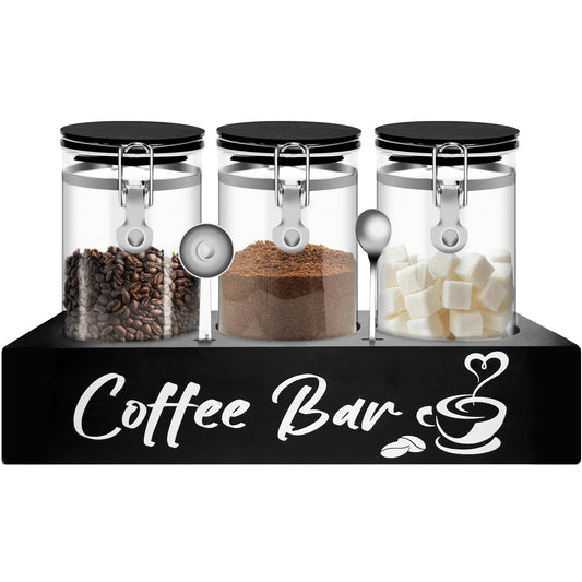 MACIFECI Glass Coffee Containers with Shelf Coffee Station Organizer 54oz Black Glass Coffee Bean Storage Canister with Spoon Coffee Canister Set Kitchen Food Storage Jars for Coffee, Sugar, Candy