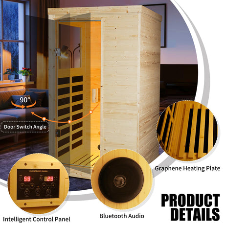 OUTEXER Far Infrared Wooden Sauna Room Home Sauna Spa Low-EMF Dry Saunas Single Person Spa Finland Spruce Wood fit for 7ft Person OUTEXER