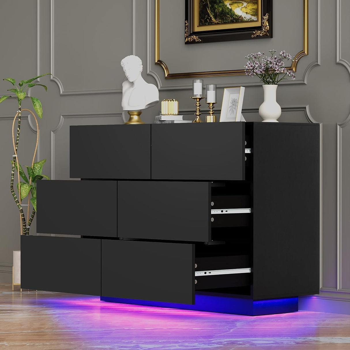 UEV LED 6 Drawer Dresser,White Dresser for Bedroom with Light,Chest of Drawers with High Glossy finsh for Bedroom,Living Room,Entryway(Black) UEV