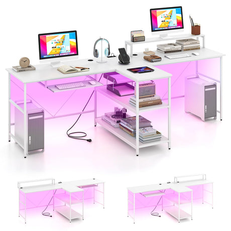 Tangkula 2-Person Reversible Computer Desk with LED Lights, 94.5” Long Office Desk with Power Outlets, Monitor Stand, Keyboard Tray & 2 Storage Shelves, Double Desk for Gaming Working Writing (White) Tangkula
