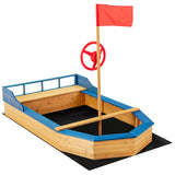 HONEY JOY Pirate Ship Kids Sandbox, Wooden Bottomless Sand Boat with Liner, Sand Pit w/Realistic Flag & Steering Wheel, Storage Bench Seat w/Backrest, Outdoor Sand Boxes for Kids Backyard HONEY JOY