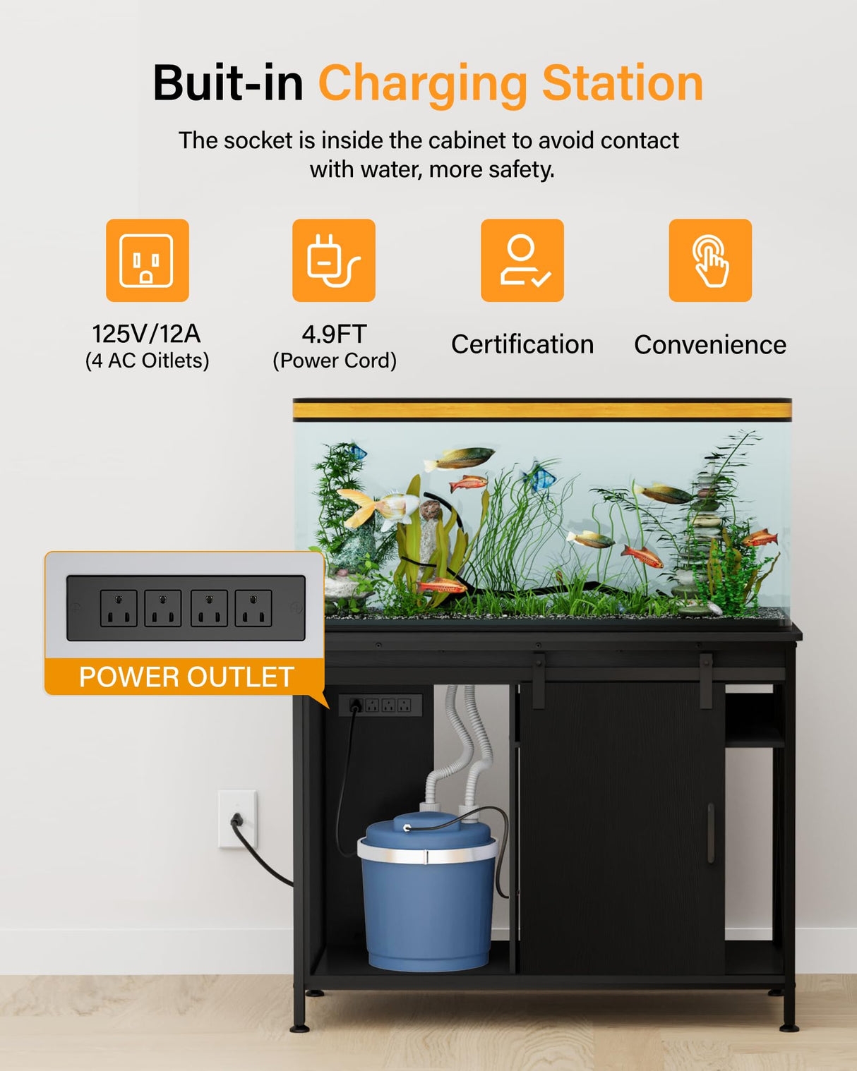 Aquarium Stand for 40-75 Gallon Fish Tank: Tank Stand Table with Power Outlet for Aquarium kit - Metal Fish Stand Cabinet with Storage for 40-75 Gallon Reptile Turtle Terrarium (Black, 40-50 Gallon) FILKO