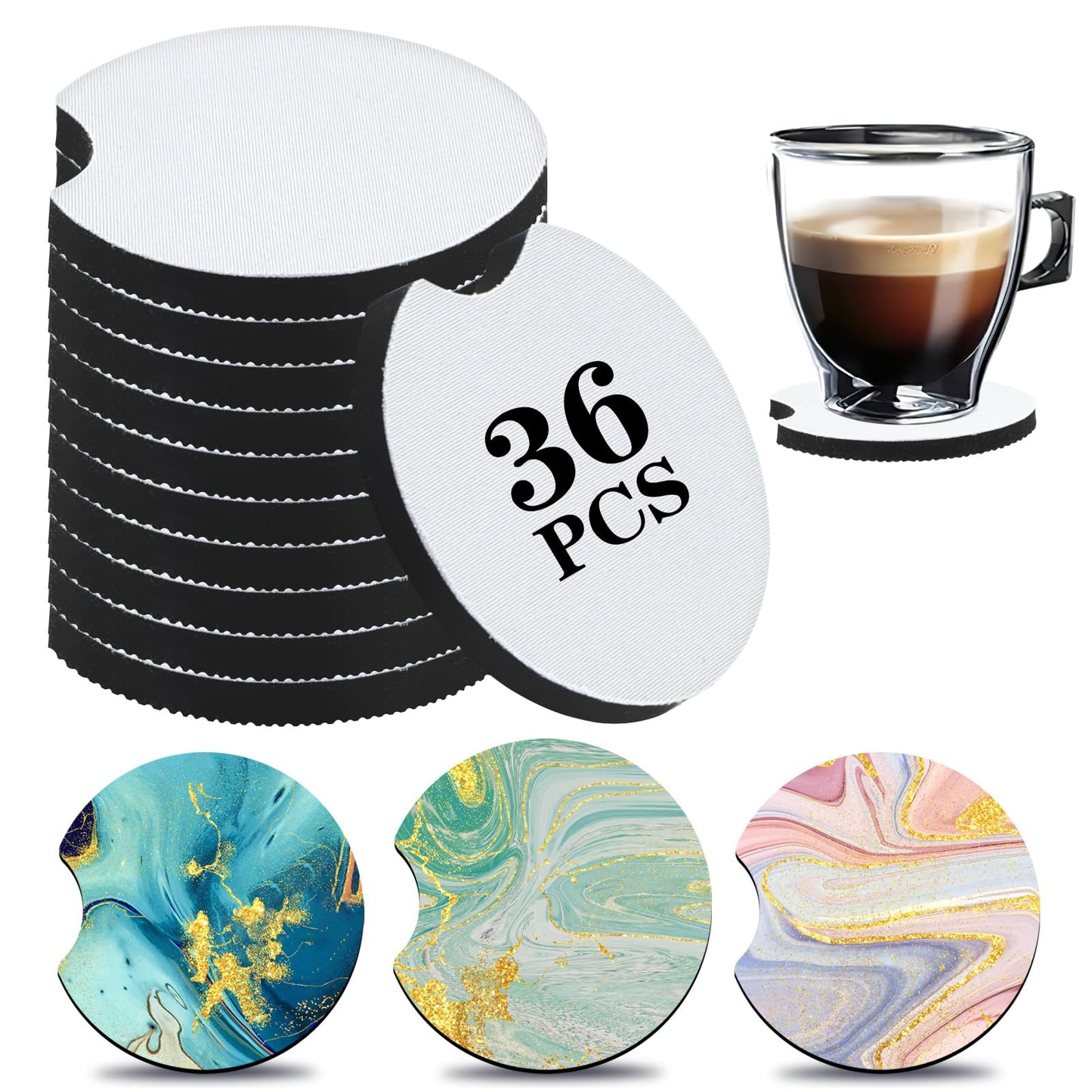 Sublimation Coasters Blanks, Sublimation Car Coasters Blanks, 2.75in Sublimation Blank Cup Coasters Bulk for Thermal Sublimation DIY Crafts Painting Heat Transfer Car Cup Coasters (36 Pieces)