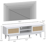 Boho TV Stand for 55 65 Inch TV, Rattan Entertainment Center with Shelves, Cabinets and Sliding Doors, TV Media Console Table with Solid Wood Feet & Cord Holes for Living Room, Bedroom, White Xixini