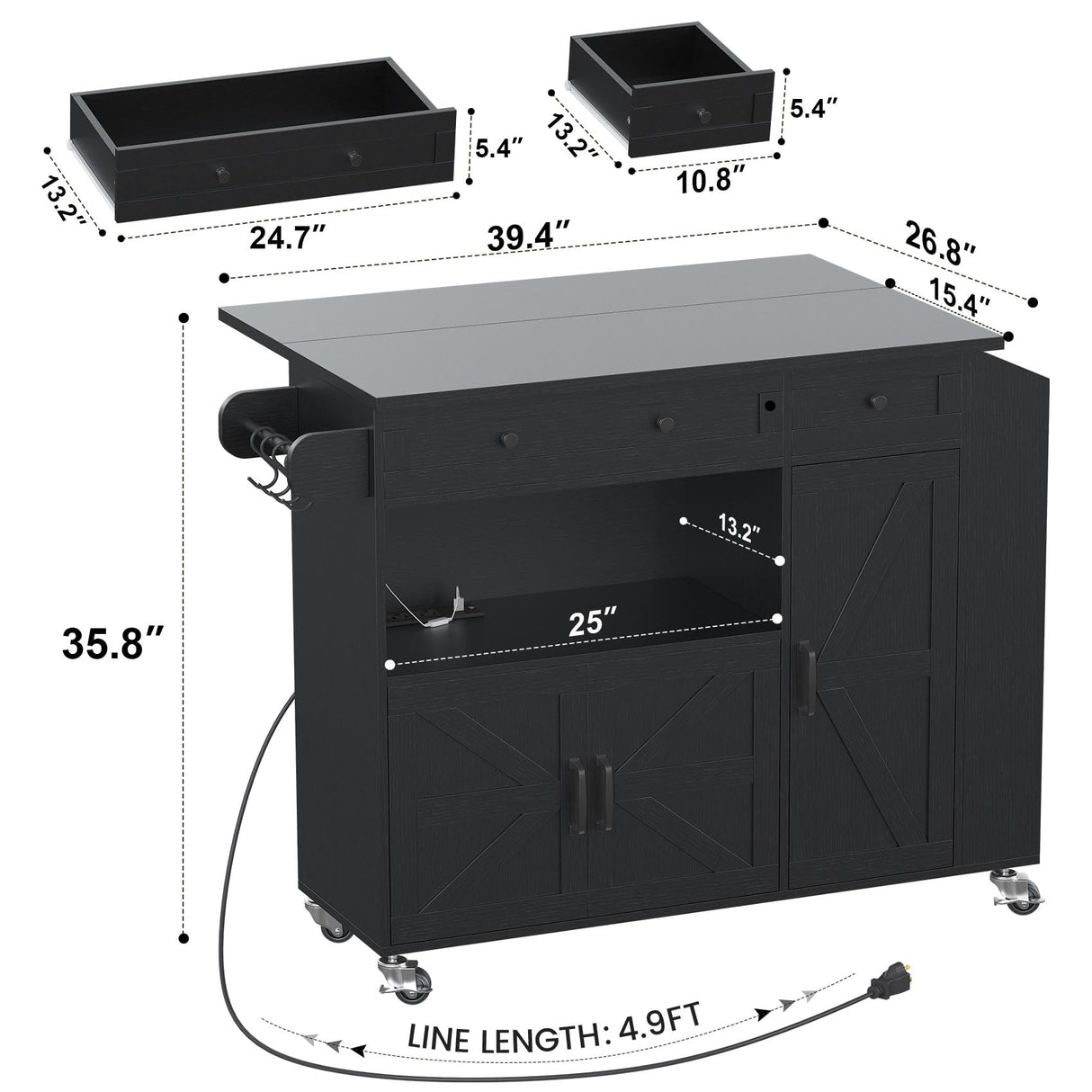 Kitchen Island with Drop Leaf, Rolling Kitchen Island with Power Outlet and Led Light Aufvolr