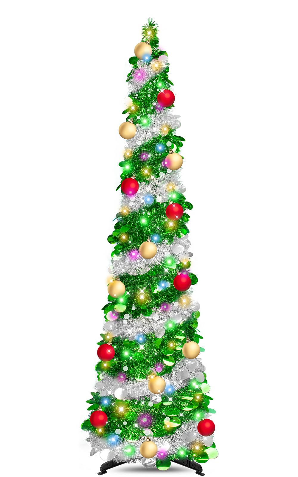 6 Ft Tinsel Christmas Trees - Artificial Christmas Tree ，Collapsible with Timer 100 Lights 15 Balls, Tinsel Pencil Christmas Tree Christmas Decorations for Home Bedroom Fireplace(Green Silver)