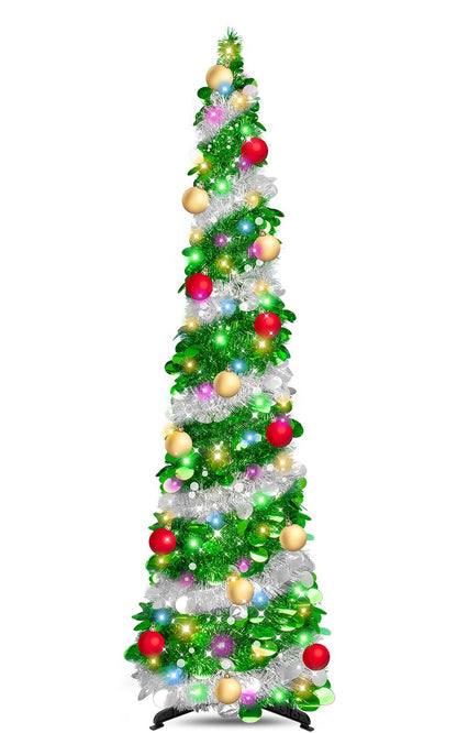 6 Ft Tinsel Christmas Trees - Artificial Christmas Tree ，Collapsible with Timer 100 Lights 15 Balls, Tinsel Pencil Christmas Tree Christmas Decorations for Home Bedroom Fireplace(Green Silver)