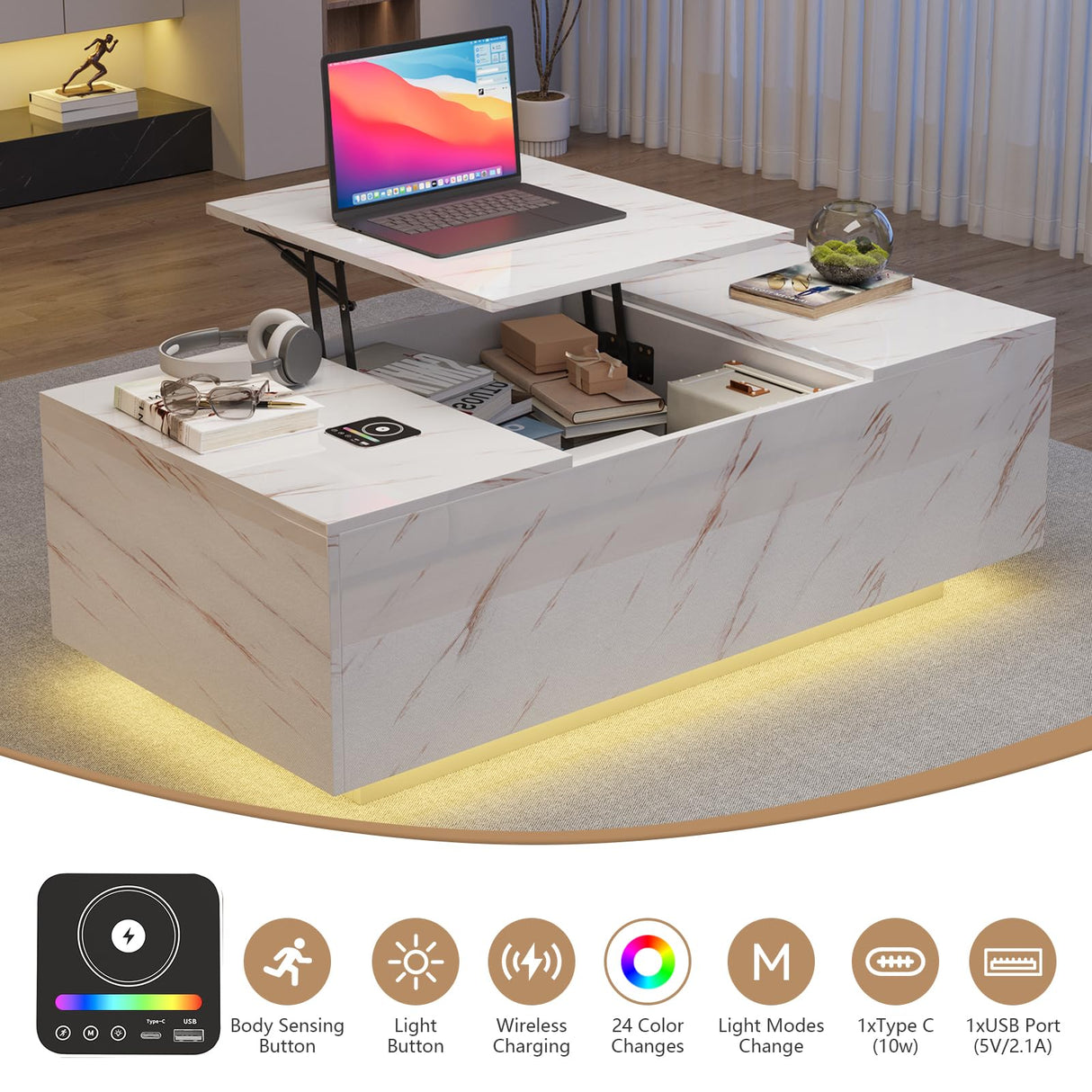 Lift Top Coffee Table, High Glossy Coffee Table with Wireless Charging and Speaker, Modern Coffee Table with 24 Colors LED Lights, Center Table with Drawer and Hidden Compartment for Living Room White PPorfamilia