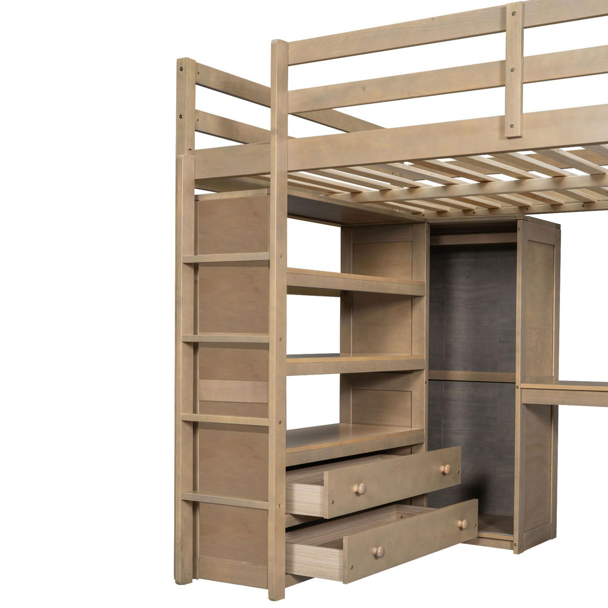 Harper & Bright Designs Full Size Loft Bed with Desk, Storage Shelves and Drawers, Solid Wood Loft Bed Frame with Built-in Wardrobe, Walnut Harper & Bright Designs