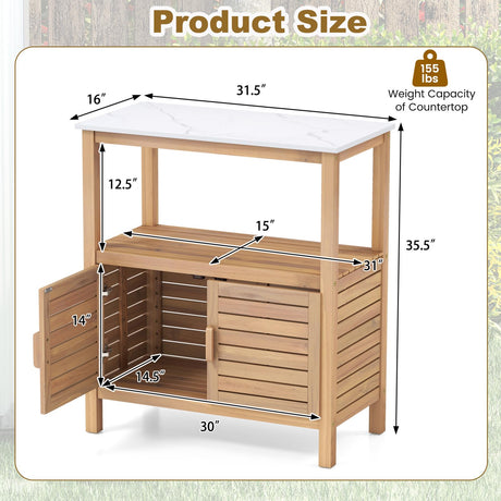 Giantex Outdoor Potting Bench, Acacia Wood Planting Workstation with 2-Door Storage Cabinet, Faux Marble Tabletop, Open Storage Shelves, Garden Potting Table for Horticulture Giantex