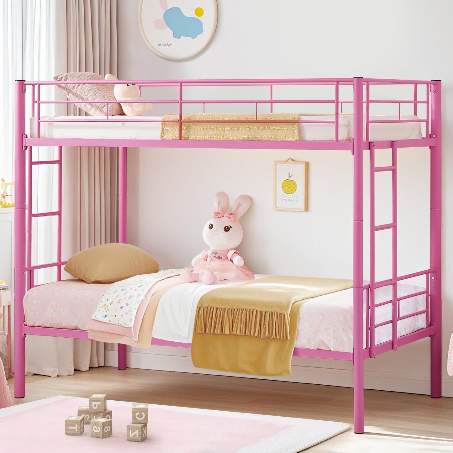 VECELO Twin Over Twin Bunk Bed with Built-in Ladder and Safety Guardrail, Heavy Duty Metal Bunkbeds, Space Saving, No Box Spring, Pink