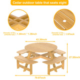 ROOMTEC Outdoor Round Picnic 4 Built Umbrella Hole 8 Person Outside Table and Bench Set for Garden, Backyard, Porch, Patio, Natural ROOMTEC